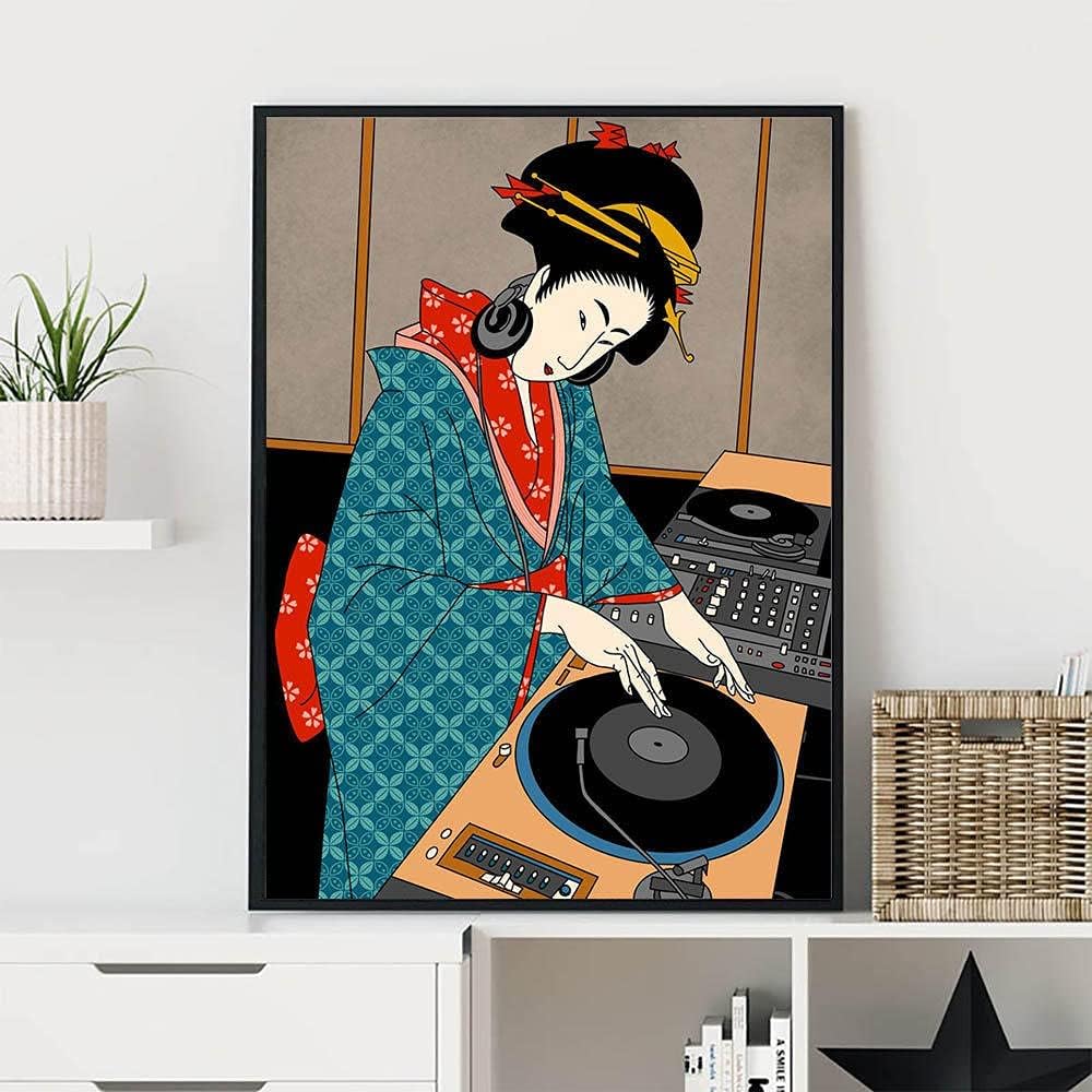 WOODEY Wall Art 27.6x35.4in(70x90cm) Frame Japan Dj Geisha Poster